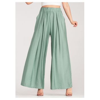 Pantaloni dama -  largi - talie inalta - verde - viscoza-elastan -