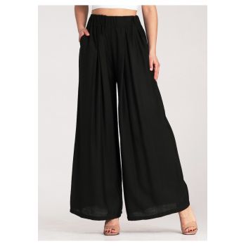 Pantaloni dama  negri - largi - cu talie inalta - din vascoza si elastan -