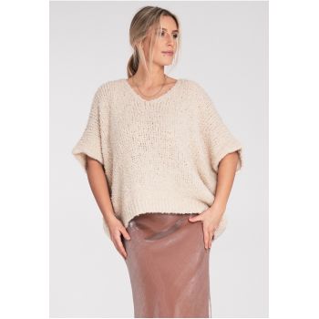 Pulover  bej - scurt - din bucle - material moale - versatil -