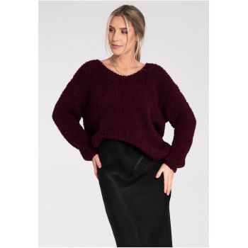 Pulover dama  boucle - maneca lunga - bordo - lana de alpaca -