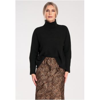 Pulover dama -  elegant - cu guler - negru - fabrica tricotata -