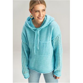 Pulover dama  M996 - ajurat - albastru - cu gluga - din acril - poliester - lana - nylon -