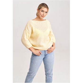 Pulover dama -  model M993 - galben - lana si acril - detaliu decupaj cu funda -