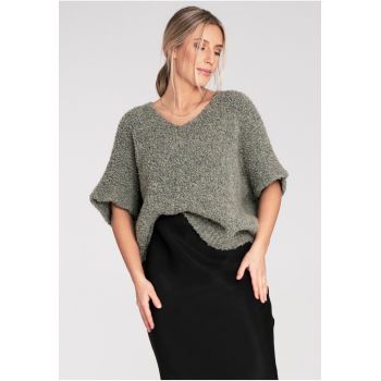 Pulover  verde din material boucle - cu maneci scurte - croiala lejera - pentru zilele reci -