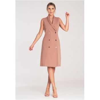 Rochie blazer midi  bej - poliester-viscoza - croiala ajustata - fara maneci - cu nasturi