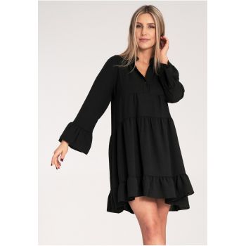 Rochie boho  neagra - cu volane - croi lejer - poliester -