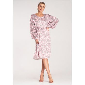 Rochie bufanta  maneci voluminoase - imprimeu floral - roz - poliester-elastan -