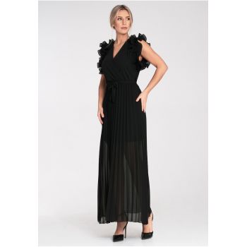 Rochie de seara maxi -  neagra - cu volane - poliester -