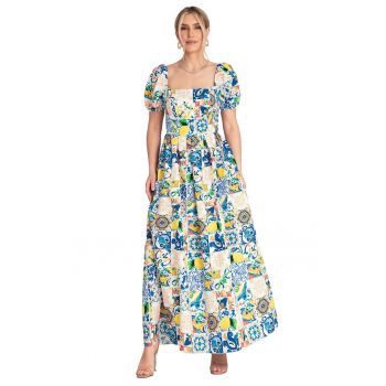 Rochie  decolteu patrat - maneci bufante - albastra - bumbac/elastan -