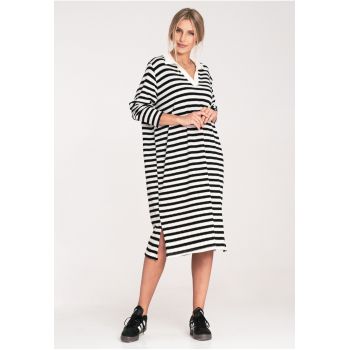 Rochie eleganta  alb-negru - cu guler - din tricot elastic - lungime pana la genunchi - viscoza/nylon -