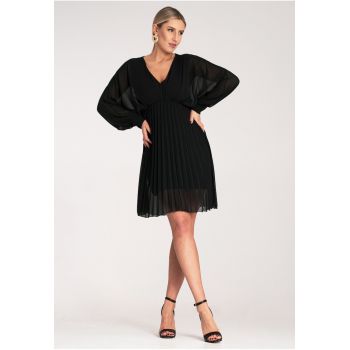 Rochie eleganta  din sifon - neagra - cu maneci lungi - poliester -