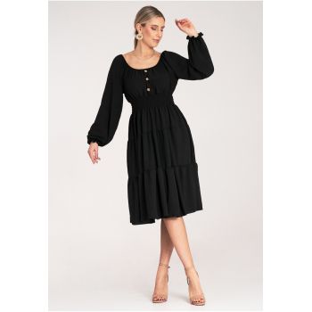 Rochie evazata  model cu volane - neagra - poliester -