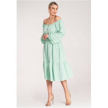 Rochie evazata -  verde - cu volane - poliester -