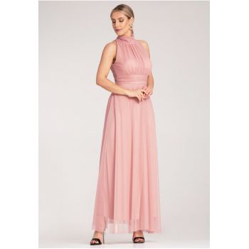 Rochie lunga de seara -  roz - material usor - poliester -