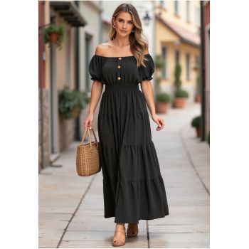 Rochie lunga de vara -  cu volane - neagra - poliester -