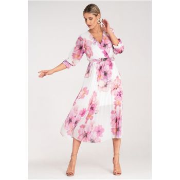 Rochie lunga -  florala - alba - plisata - poliester -