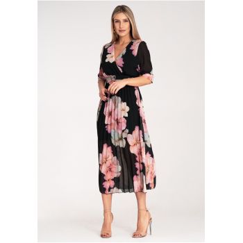 Rochie lunga -  florala - neagra - plisata - poliester -