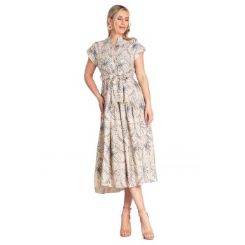 Rochie lunga  imprimeu floral - bej - guler ridicat - viscoza/nylon -