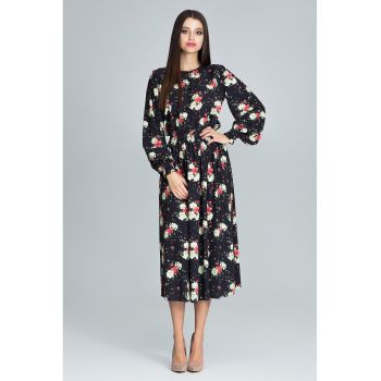 Rochie lunga  M600 - florala - neagra - din poliester - cu maneci lungi -