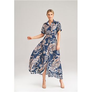 Rochie lunga  poliester - bleumarin - cu flori -
