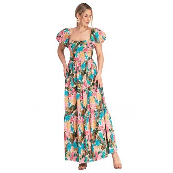 Rochie  M1188 - roz - decolteu patrat - talie elastica - bumbac/elastan - S/M -