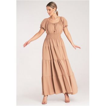 Rochie maxi  bej - cu volane - poliester - pentru vara -