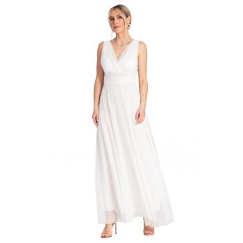Rochie maxi de seara -  alb - volane - poliester/elastan -