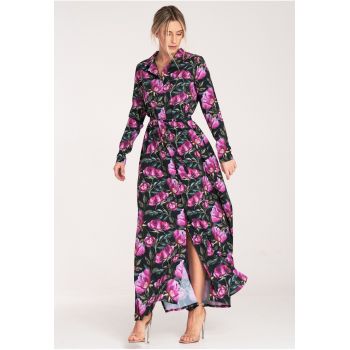 Rochie maxi -  negru floral - cu nasturi - poliester