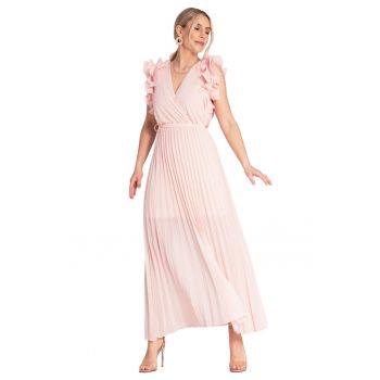 Rochie maxi -  plisata - volane pe maneci - roz - viscoza - elastan - poliester -