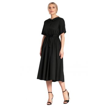 Rochie midi camasa  neagra - bumbac - cu curea si buzunare -