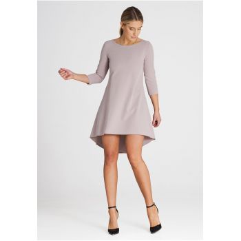Rochie midi eleganta  bej - asimetrica - maneci 3/4 - poliester-viscoza