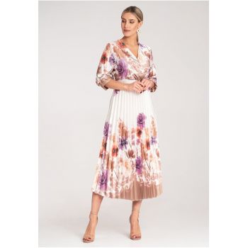 Rochie midi  florala - alba cu curea - satin - eleganta - pentru ocazii speciale -