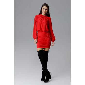 Rochie mini  M635 rosie cu volane - maneci lungi - poliester si elastan -