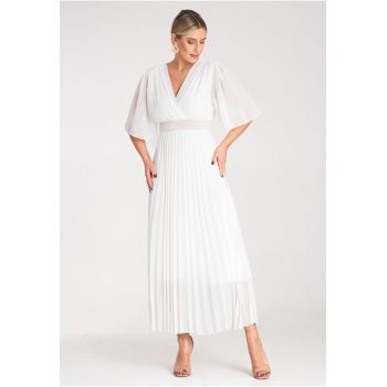 Rochie  plisata - eleganta - alba - midi - poliester -