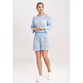 Set tricotat pentru femei -  bluza cu maneci 3/4 si pantaloni scurti - albastru - material moale -