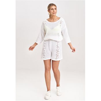Set tricotat pentru femei -  bluza cu maneci 3/4 si pantaloni scurti - ecru - acrilic 50% - bumbac 50% -