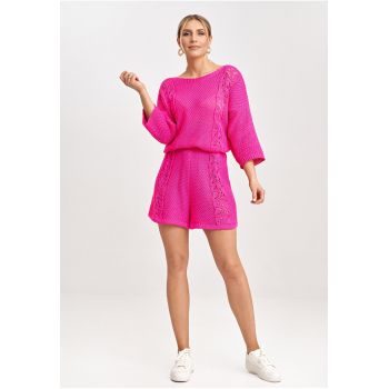 Set tricotat pentru femei - bluza cu maneci 3/4 si pantaloni scurti - fuchsia - acril-bumbac - Set tricotat pentru femei - bluza cu maneci 3/4 si pantaloni scurti - fuchsia - acril-bumbac -