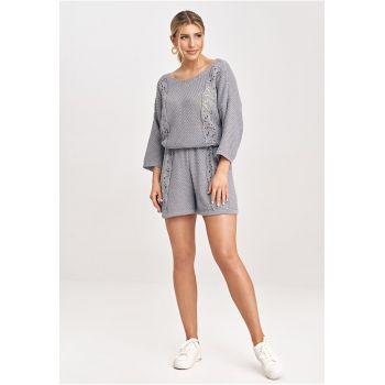 Set tricotat pentru femei -  M995 - bluza cu maneci 3/4 si pantaloni scurti - gri inchis - acril 50% - bumbac 50% -