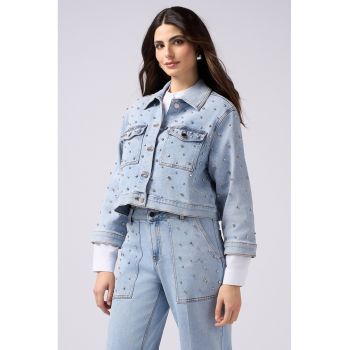 Jacheta crop din denim cu aplicatii cu strasuri
