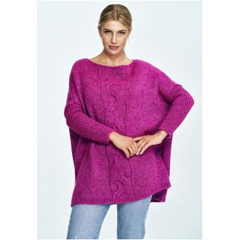 Pulover supradimensionat  tricotat - decolteu barca - fucsia - lana -