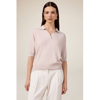 Pulover tricotat fin cu maneci scurte - Roz pal -
