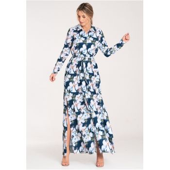 Rochie maxi -  cu nasturi - albastru floral - poliester -