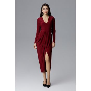 Rochie maxi  M636 - decolteu in V - rosu - poliester -