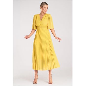 Rochie  plisata - galbena - viscoza -