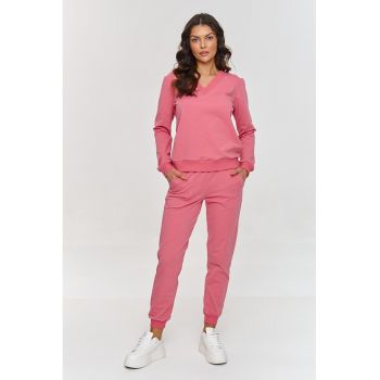 Set de bluzon cu decolteu in V si pantaloni lungi - Roz pastel