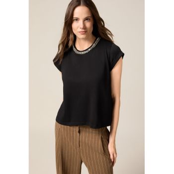 Tricou de bumbac cu decolteu cu strasuri