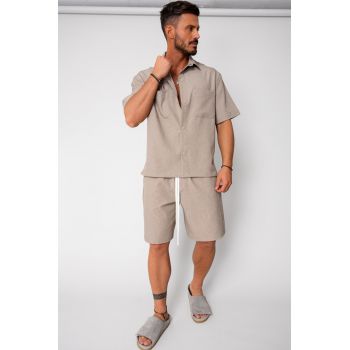 Set camasa cu capse si pantalon scurt Taupe 16207