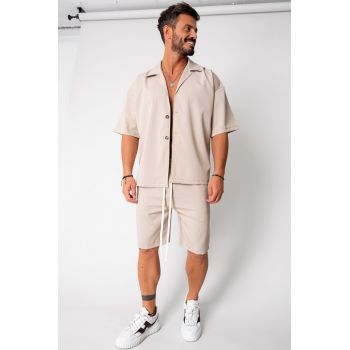 Set camasa maneca scurta Oversized si pantalon scurt Beige 16759