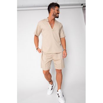 Set Como bluza V-cut si pantaloni scurti Beige 16740