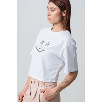 Tricou crop cu imprimeu text Babele